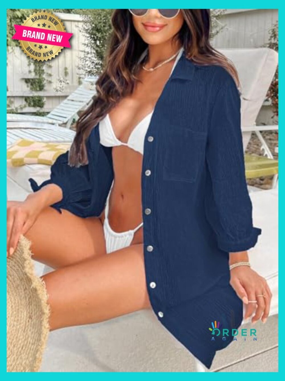 Button Down Beach Cover Up Shirt Dress Casual V Neck with Pockets - Picture 4 of 5